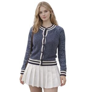 Preppy Blue Knit Cardigan Button Front Womens L Casual Varsity Style Color Block